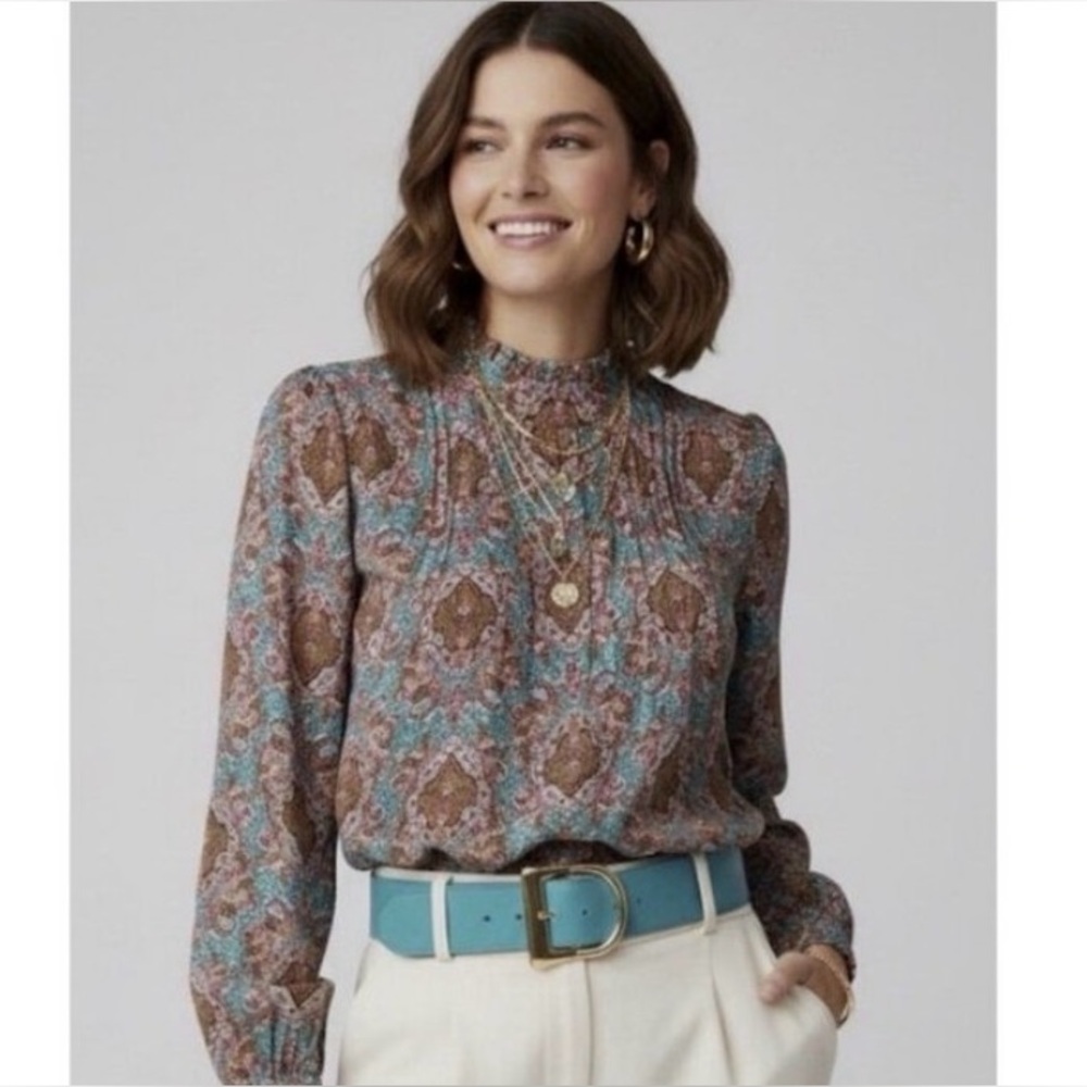 Joie High Neck Pleated Keyhole Balloon Sleeve Paisley Print Blouse Teal Small